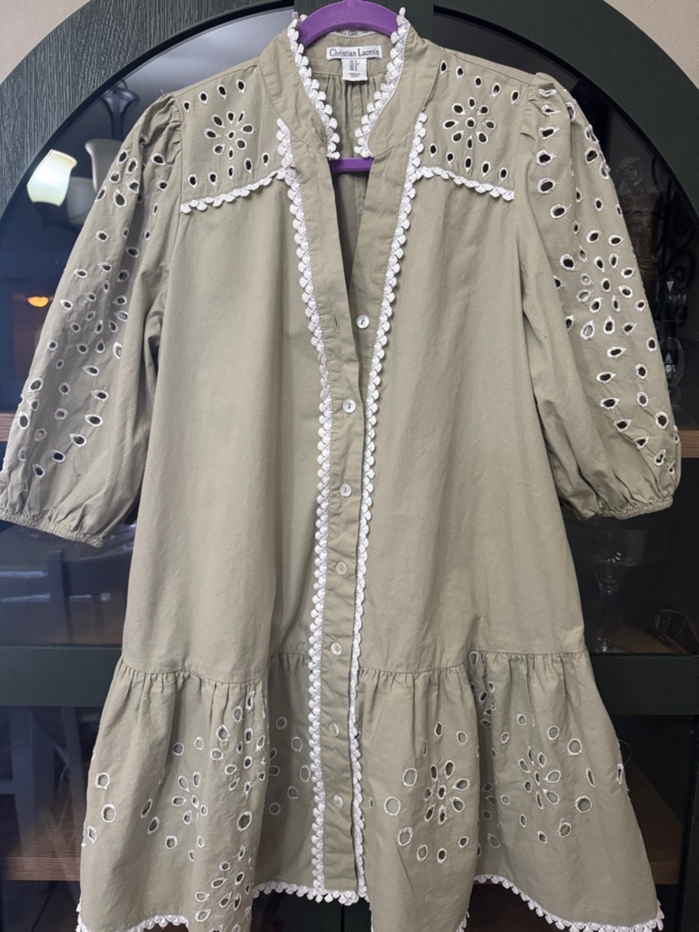 Christian Lacroix Olive Eyelet Tiered Button-Front Dress with White Trim